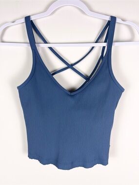 Vuori Womens Rib Crop Tank Size Small Gym Workout Strappy V-Neck Cami Tank Blue